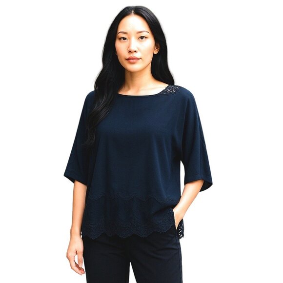 Sandro Paris Lace Trim Backless Blouse Navy Size 2 Quiet Luxury Glam Minimalist - Picture 1 of 14